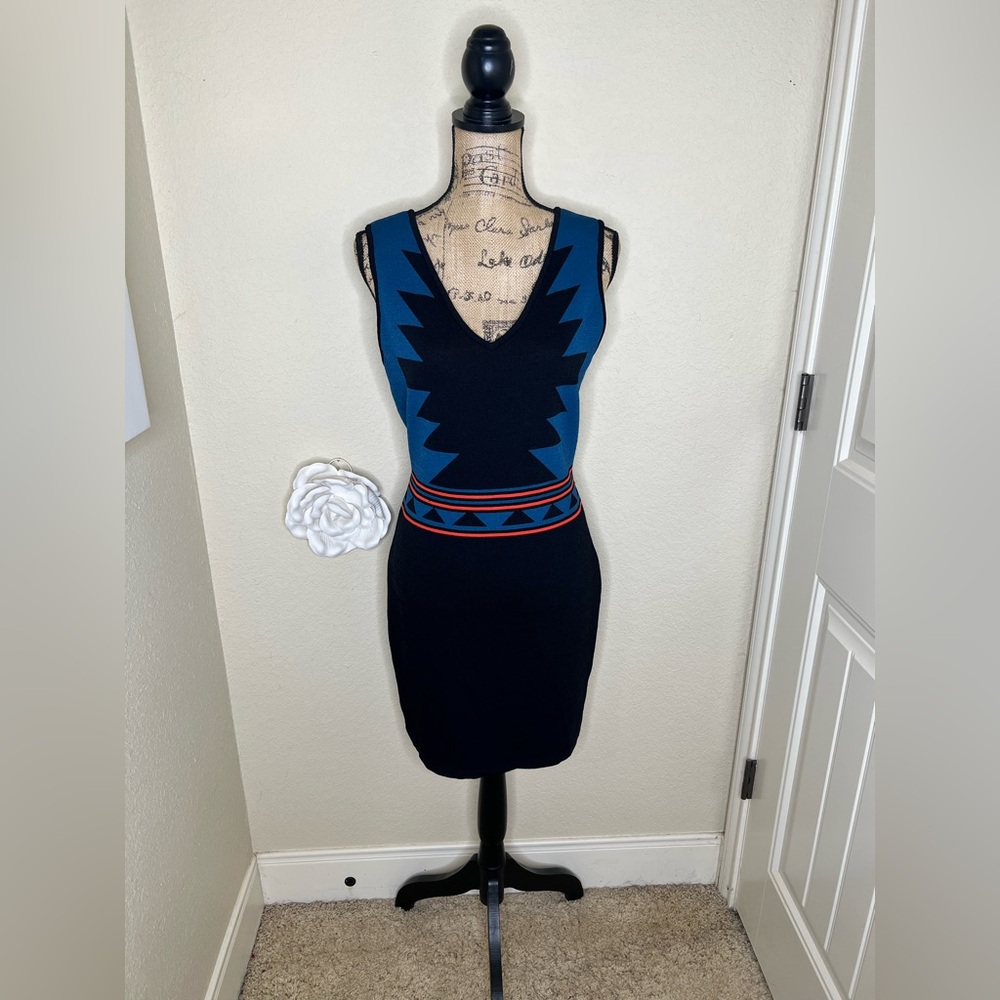 NTM Romeo & Juliet Couture Aztec Bodycon Dress Blue Black Bandage Mini Size L - Picture 1 of 14